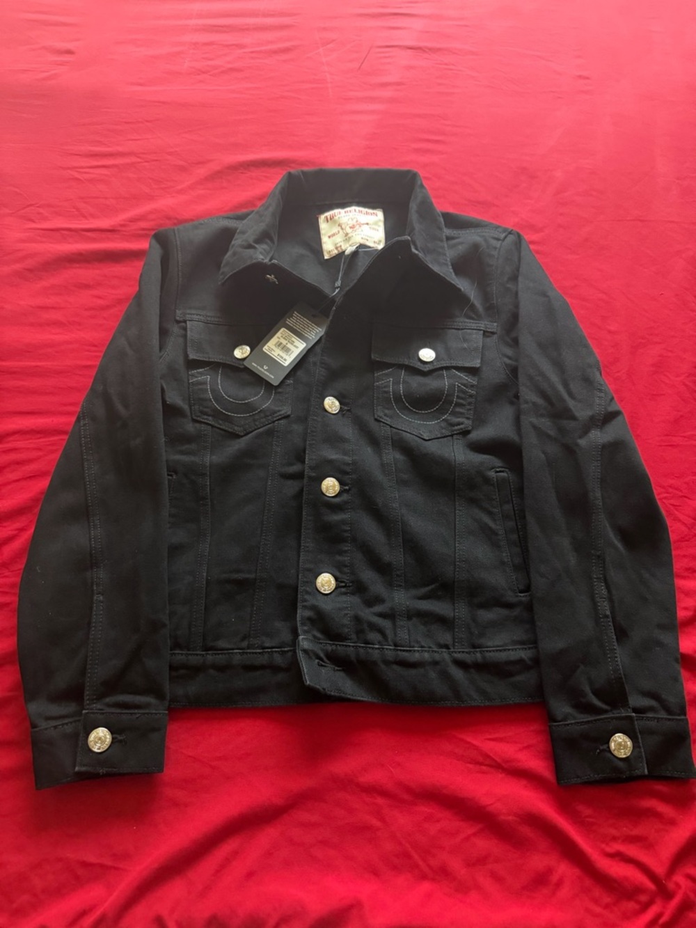True Religion Black Denim Trucker Jacket with Logo Patch